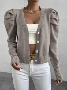 SHEIN Privé 泡泡袖v領針織外套 - 深灰色 - 查看 3