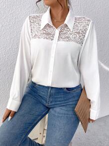 SHEIN LUNE 大尺寸純色蕾絲拼接襯衫 - 白色 - 查看 3