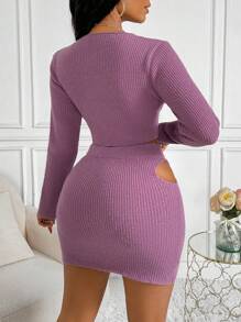 Zolique Conjunto De Falda Y Suéter De Manga Larga Ahuecado Para Mujer - Rojo violeta - Ver 2