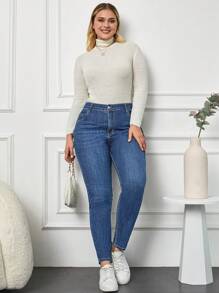 SHEIN Cottnline Vaqueros De Talle Alto Y Tallas Grandes De Corte Ajustado - Azul lavado medio - View 5