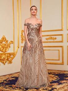 Faeriesty Elegant Off-The-Shoulder Formal Evening Gown For Women With Corset Waist Ties And All-Over Floral Applique Sequins Embroidery