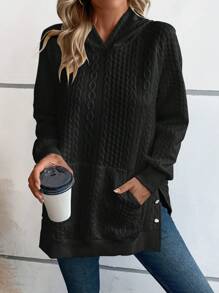 SHEIN Essnce 純色套頭帽衫,縫肩袖設計 - 黑色 - 查看 6