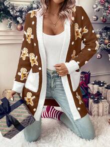 SHEIN LUNE Casual Women's Gingerbread Man Pattern Cardigan Sweater - Coffee Brown - View 4