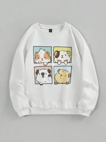 SHEIN EZwear Của phụ nữ Kích thước lớn Hoạt hình In Thả vai Áo nỉ - trắng - Xem 3