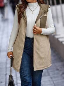 SHEIN CURVE+ Plus Size Hooded Zipper Vest With Thermal Lined Padded Padded Coat Clothes Winter Thermal - Army Green - View 7