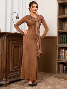 長袖性感扭結百褶飄帶裹臀魚尾連身裙