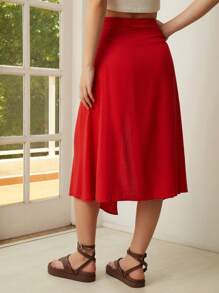 女士素色高開叉裙 - 紅色 - 查看 2