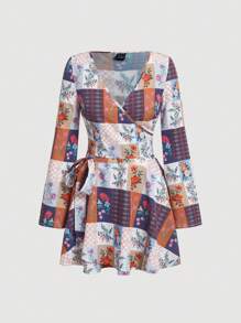 SHEIN MOD Women's Patchwork Floral Print Wrap Knot Two Piece Set - Multicolor - View 1