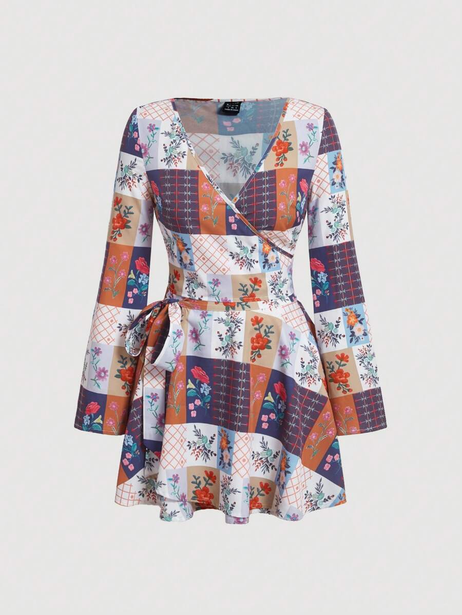 SHEIN MOD Women's Patchwork Floral Print Wrap Knot Two Piece Set - Multicolor - View 1