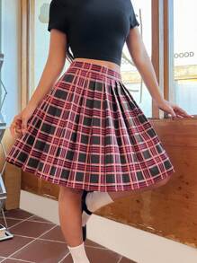 SHEIN EZwear Women's College Style Checked Pleated Skirt - Red - View 5