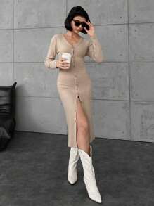 EURMUSE Button Up Long Sleeve Dress - Apricot - View 5