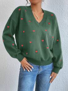 EURMUSE Heart Pattern Drop Shoulder Sweater - Dark Green - View 6