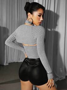 SHEIN ICON Thon gọn Dệt kim Áo hai dây & Áo len Mở Hai chiếc Bộ - Màu xám đen - Xem 6