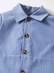 SHEIN Boys' Blue Texture Patchwork Long Sleeve Shirt For Autumn & Winter - Blue - View 3