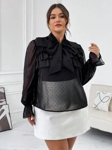 SHEIN Privé Plus Size Women's Tie Neck Ruffle Sleeve Blouse