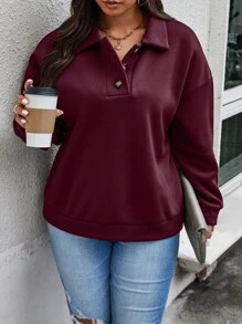 Calvaya 大码女式纯色高领落肩长袖休闲宽松保暖运动衫，秋冬 - 酒紅色 - 查看 5