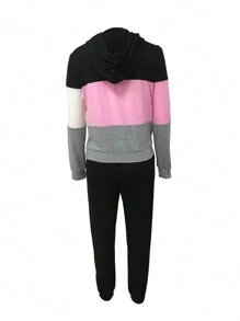 Women's Contrast Color Hooded Sweatshirt And Sweatpants Set