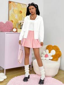 SHEIN EZwear 女士鈕扣前連帽開衫 - 米色 - 查看 4