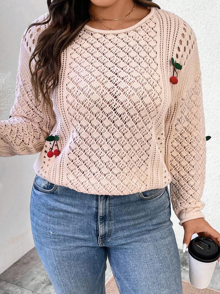 Women's Plus-Size 3d Cherry Decor Drop Shoulder Baby Pattern Knit Sweater Knit Pullover Fall Winter