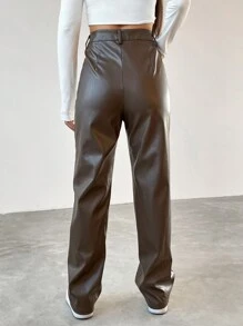 SHEIN EZwear 棕色高腰 Pu 皮褲 - 咖啡棕 - 查看 2