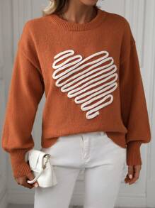 SHEIN LUNE Women's Heart Embroidery Drop Shoulder Knit Pullover Fall Winter Sweater - Orange - View 3