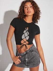 Hauture Mode effen kanten crop top met strik aan de voorkant