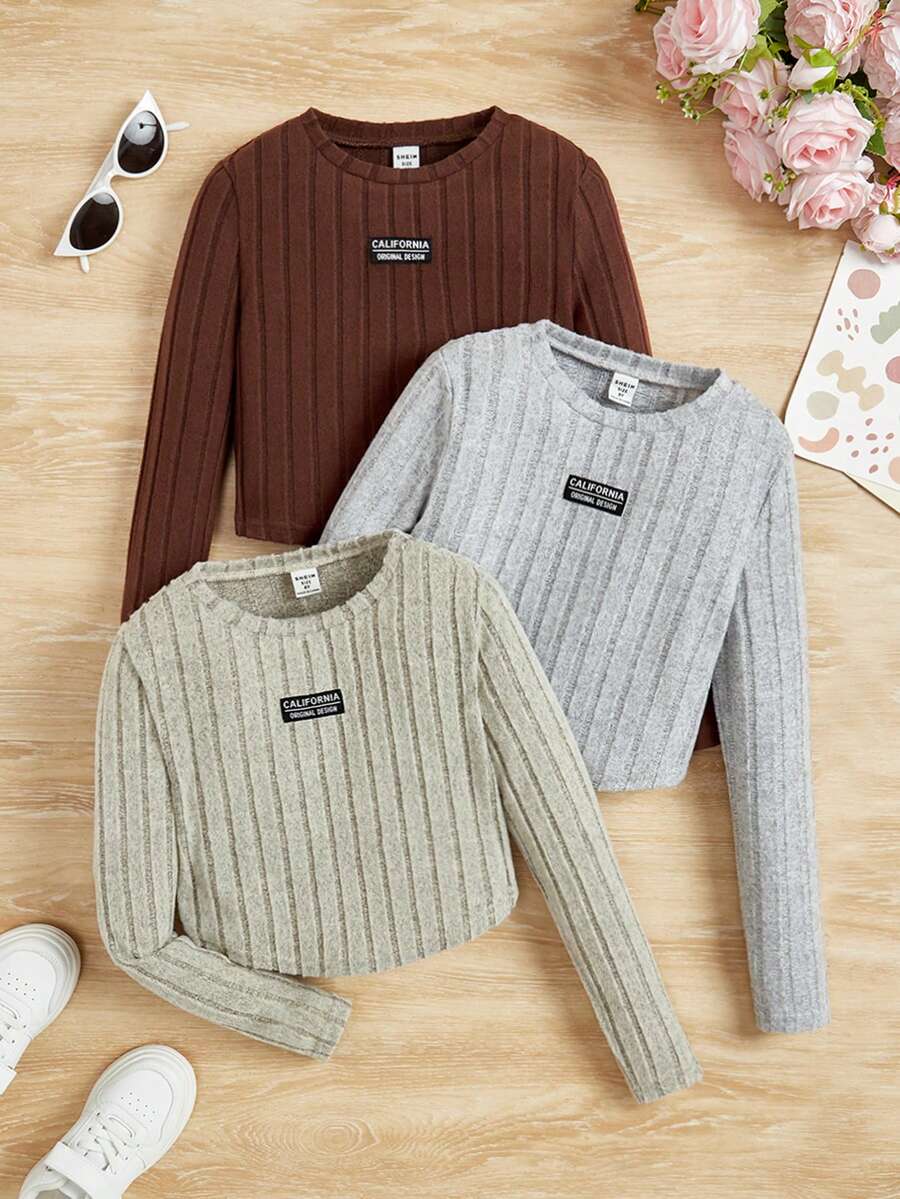 SHEIN Áo thun dệt kim dài tay màu trơn phong cách đường phố đơn giản dành cho nữ sinh Tween (Nhiều chiếc) - màu nâu - Xem 1