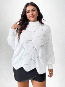 SHEIN Unity Plus Size Hollow Out Turtleneck Batwing Sleeve Pullover Sweater Knit Pullover Fall Winter Sweater - White - View 3
