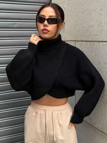 Áo len cổ lọ ngắn tay viền bất đối xứng - màu đen - Xem 3