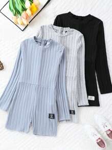 SHEIN 少女字母拼接肋紋長袖連身褲 - 彩色 - 查看 1