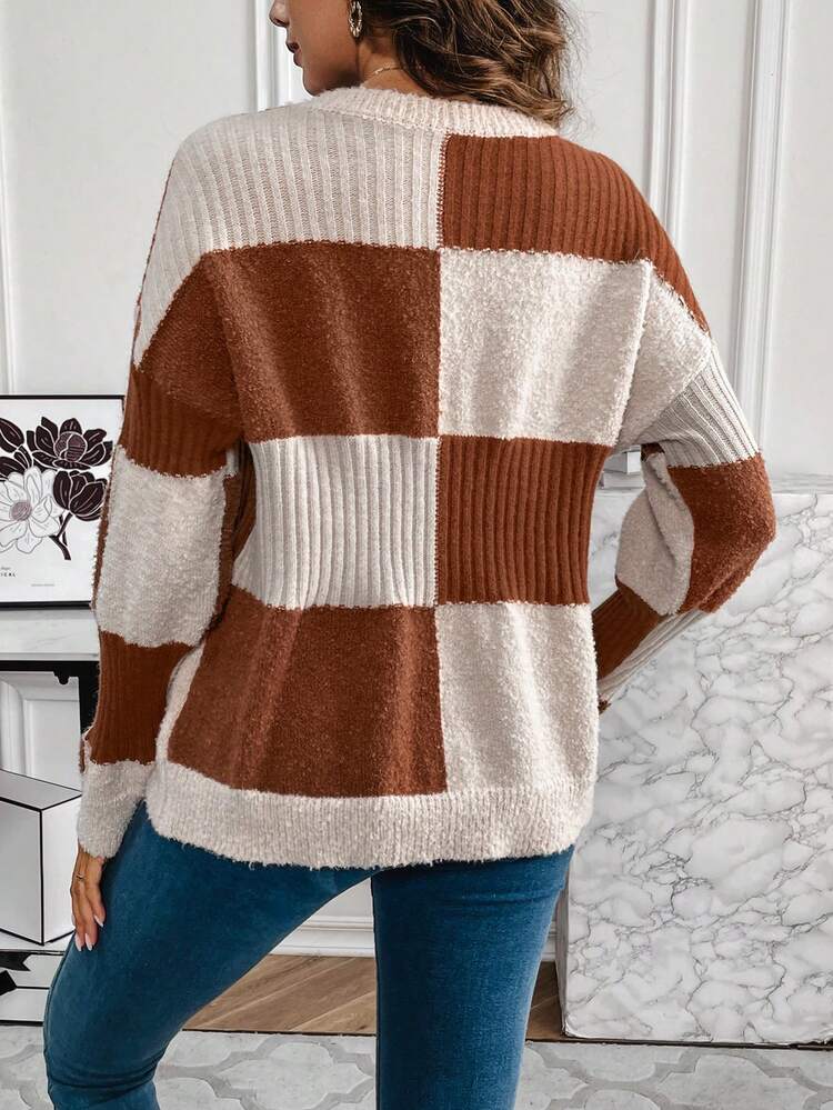 Women'S Contrast Plaid Drop Shoulder Sweater