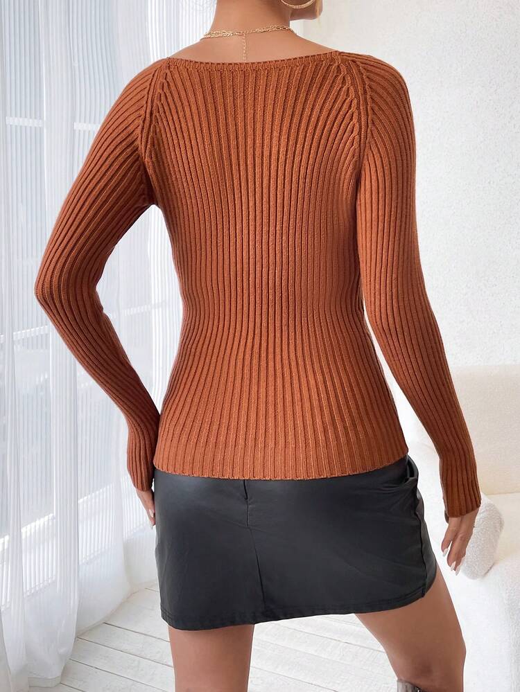 Women's Solid Color Sweetheart Neckline Ribbed Knitted Slim Fit Sweater Fall Winter