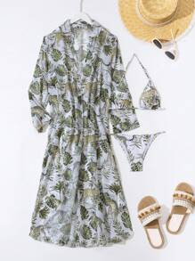 SHEIN Swim 3pcs Floral Print Bikini Set Cover-Up Set For Summer Beach Vacation - Multicolor - View 4
