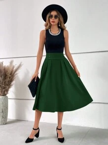SHEIN Clasi Women's High Waisted Button Detail Solid Color Skirt - Dark Green - View 8