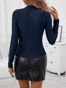 SHEIN Clasi Camiseta de mujer de manga larga con cuello alto y pliegues - Azul Marino - Ver 2