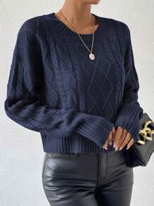 SHEIN Essnce 女士純色下垂肩毛衣 - 藏蓝色 - 查看 5