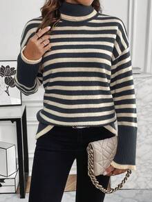SHEIN Frenchy Striped Turtleneck Drop Shoulder Sweater - Black and White - View 4