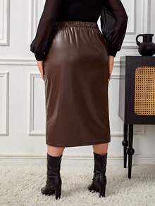 SHEIN Privé 大尺碼優雅pu皮裙 - 棕色 - 查看 2
