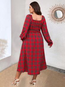 SHEIN LUNE 大碼格子呢圖案方領燈籠袖洋裝