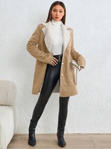 SHEIN Essnce 女款翻領連結保暖夾克 - 杏色 - 查看 5