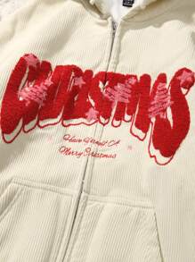 SHEIN EZwear 女字母印花拉鍊開合抽繩連帽運動衫 - 杏色 - 查看 4