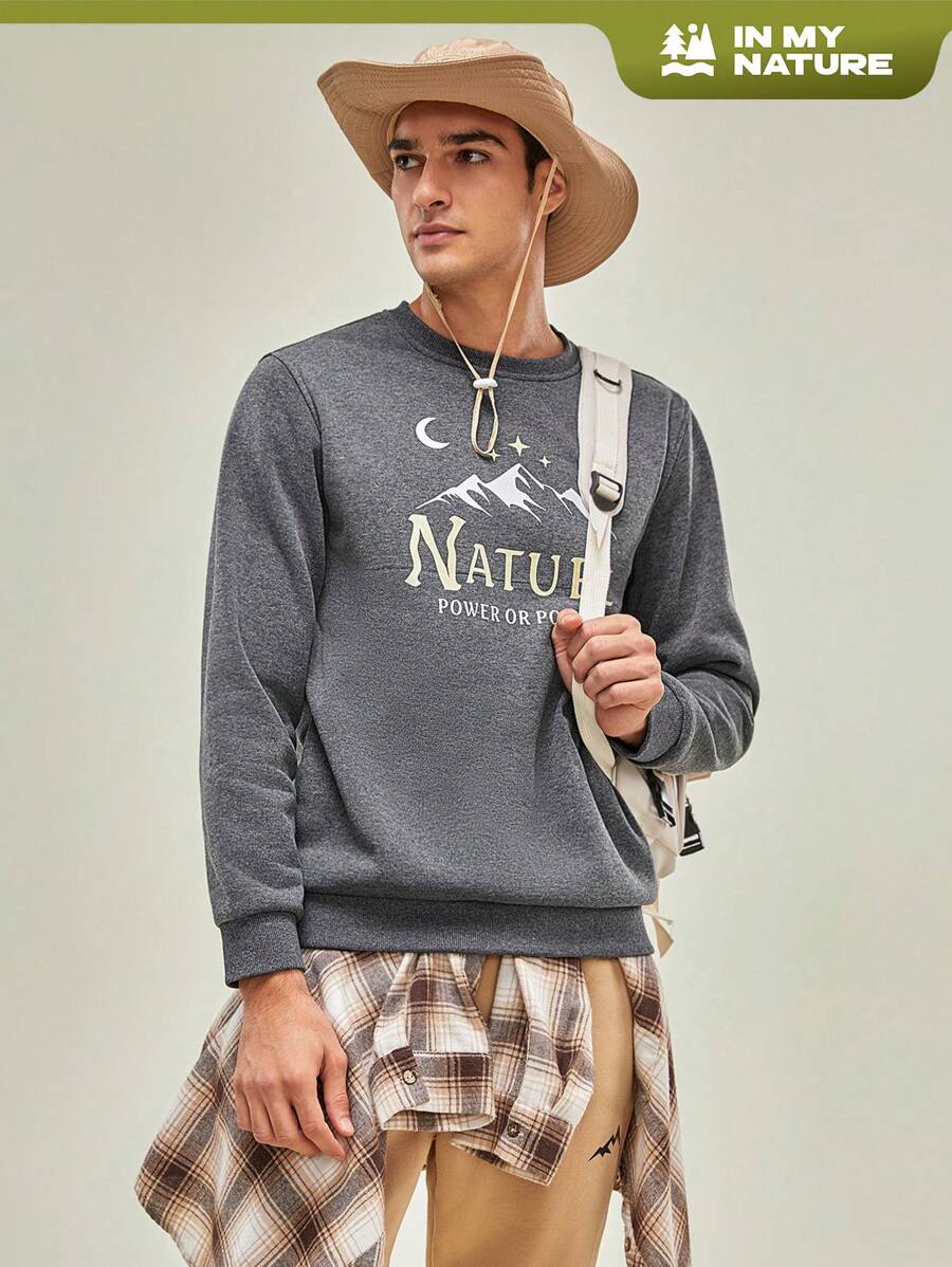 In My Nature 男款戶外字母和山印花圓領毛衣 - 深灰色 - 查看 1