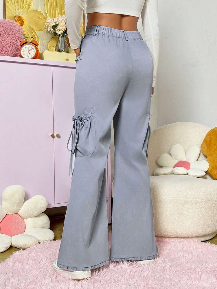 Tie-knot Pocket Side Ruffle Trim Flared Pants
