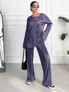 SHEIN 女士紫色圓領寬鬆貼身鈴鐺袖上衣和休閒長褲2入組 - 紫色 - 查看 5
