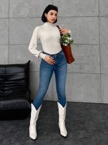 Cloudara Solid Bishop Sleeve Turtle Neck Sweater - Beige - View 3