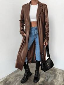 SHEIN Women's Belted Trench Coat With Lapel Collar - Chocolate Brown - View 1