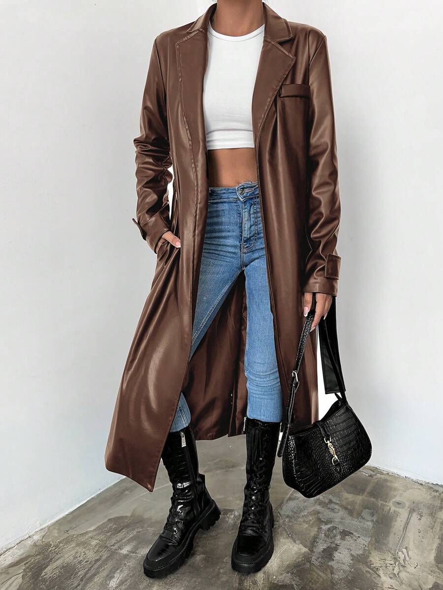 SHEIN Women's Belted Trench Coat With Lapel Collar - Chocolate Brown - View 1
