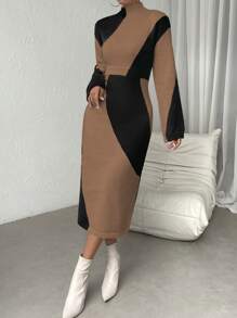 SHEIN Essnce Khối màu Áo cao cổ Tay áo dài Đầm Áo len Không có thắt lưng - Nhiều màu - Xem 3
