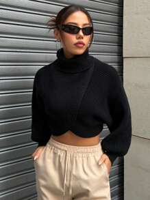 Áo len cổ lọ ngắn tay viền bất đối xứng - màu đen - Xem 5