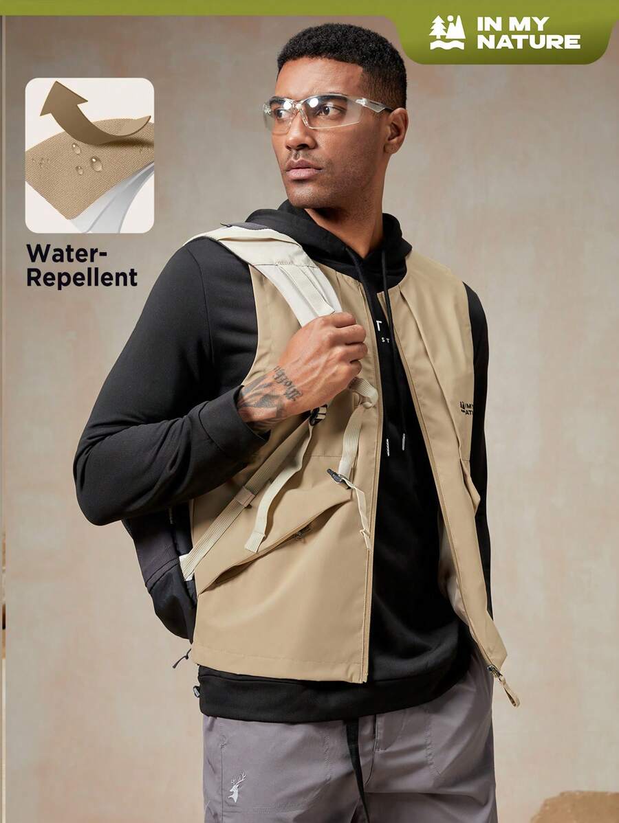 In My Nature Men Letter Graphic Zip Up Vest Jacket - Khaki - View 1
